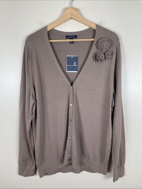 Lands' End Taupe Floral Rosette V-Neck Cardigan. Large
